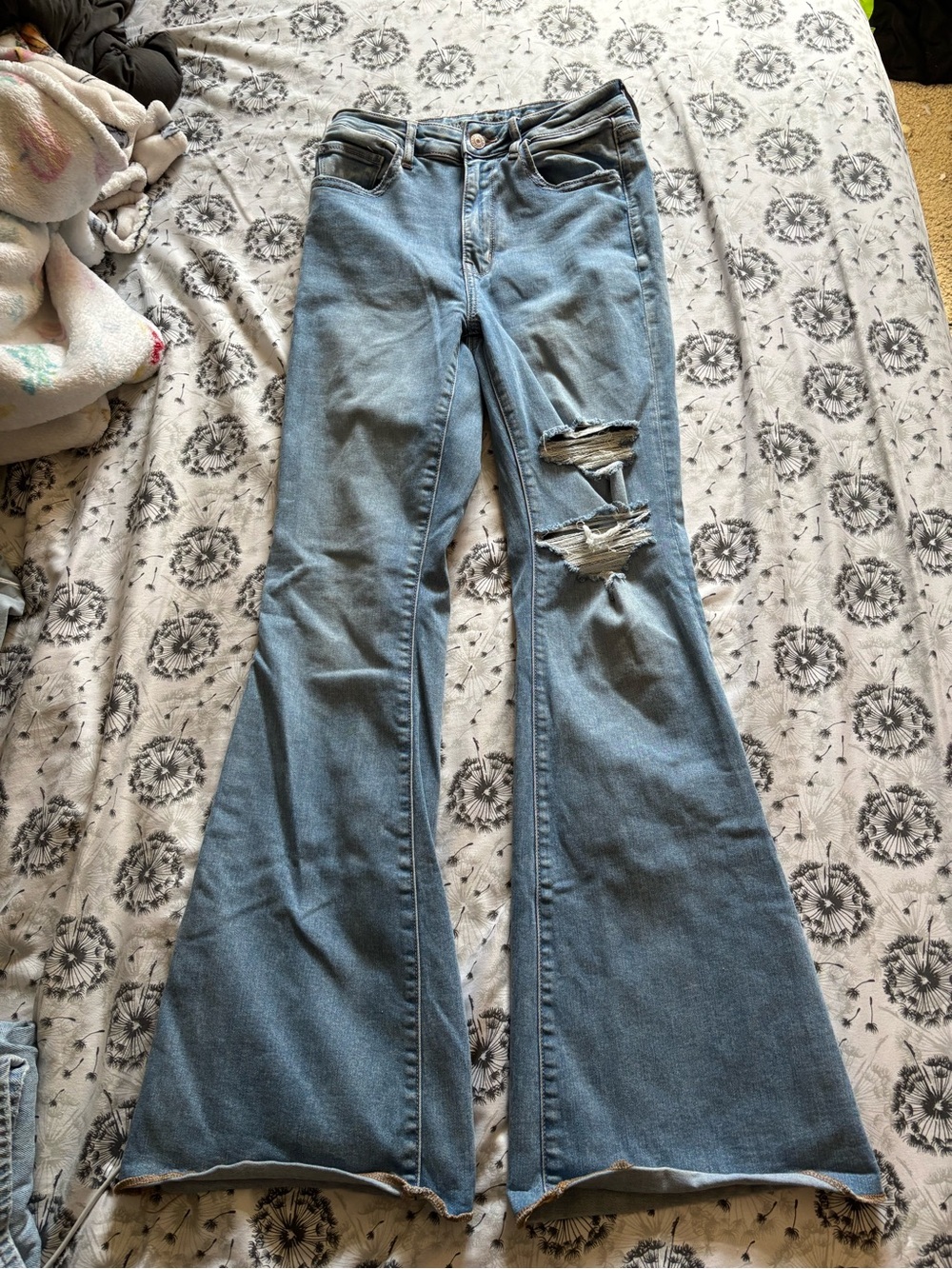 American eagle super high rise flare Light Blue Distressed Flare Jeans - Women's